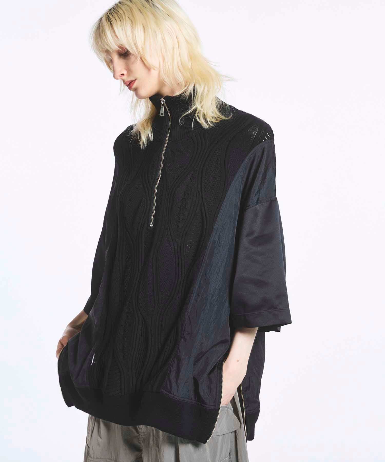 Different Material Docking Prime-Over Puckering Short Sleeve Half Zip