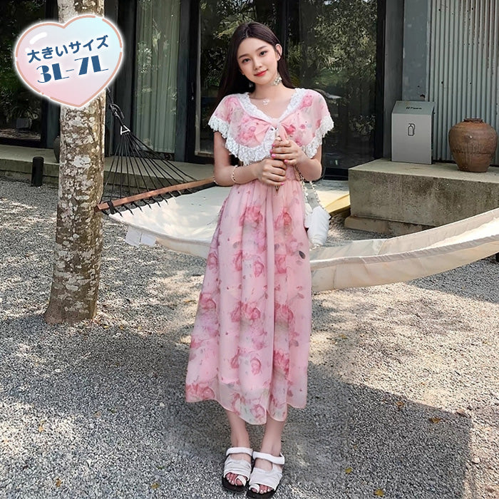 大きいサイズ レディース｜ローズブーケ・レースリボンワンピース(3L
