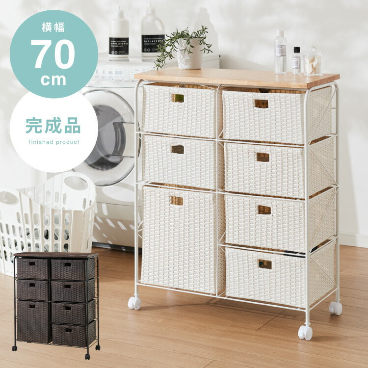 天板付き キャスター付きラタン調サニタリー収納 幅70cm ワイド 大容量