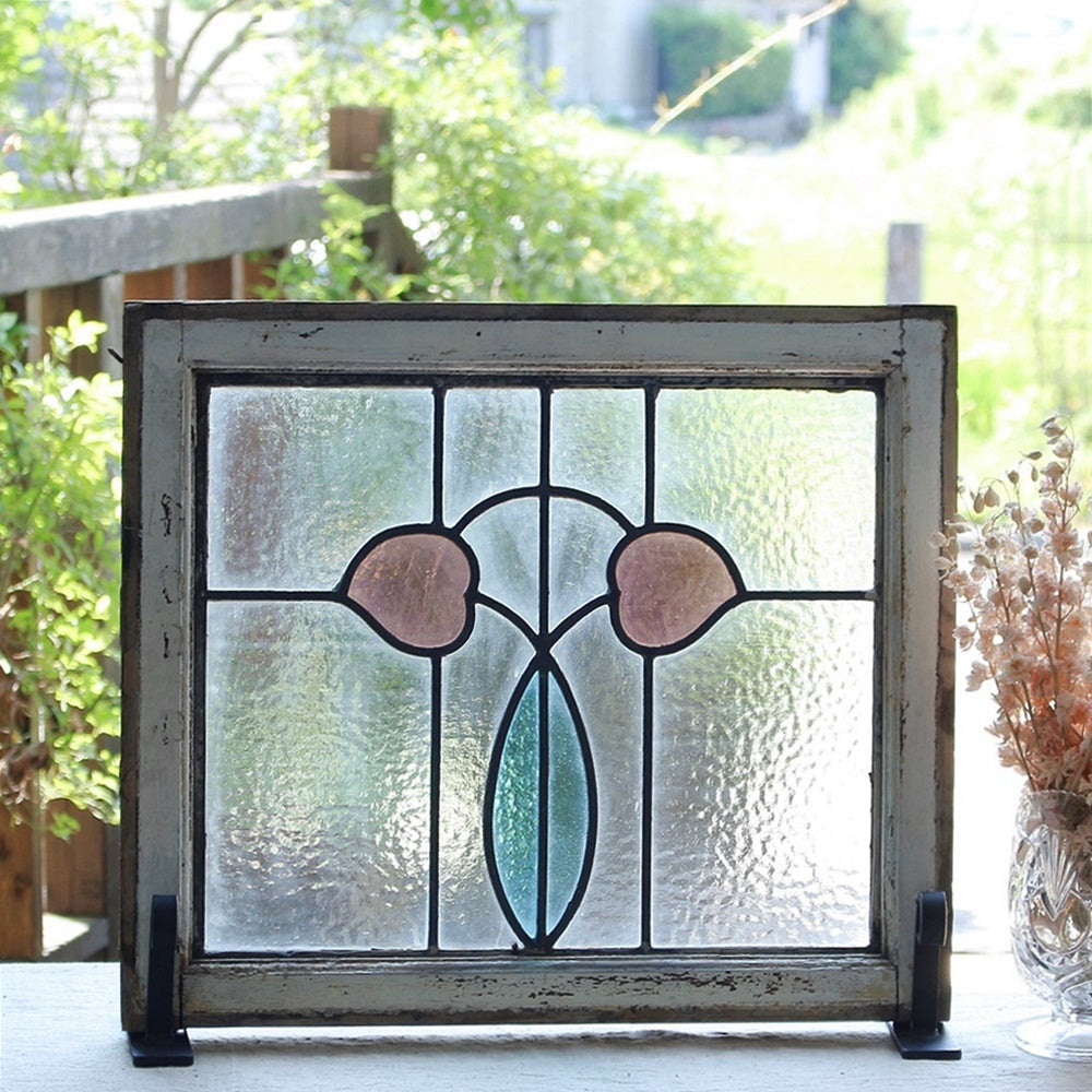 ハートの花のステンドグラス イギリスアンティーク 53.5cm×46.5cm