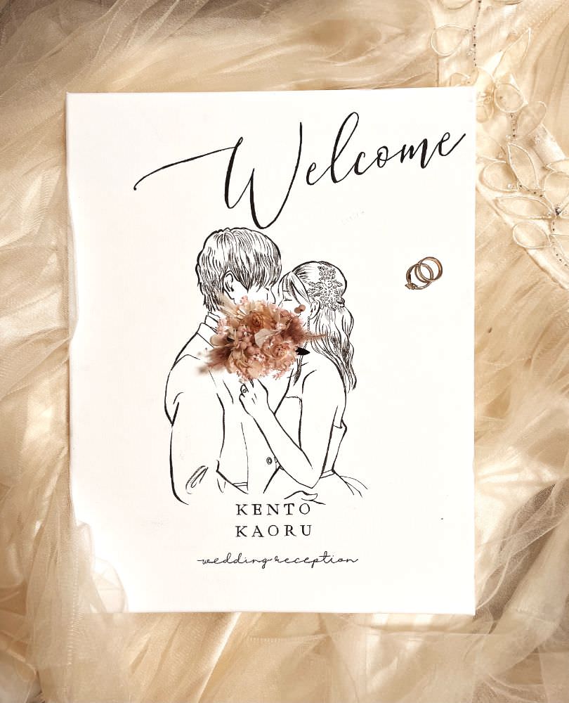 welcomeボード(似顔絵×ドライフラワー) 【41cm×31.8cm/オリジナル