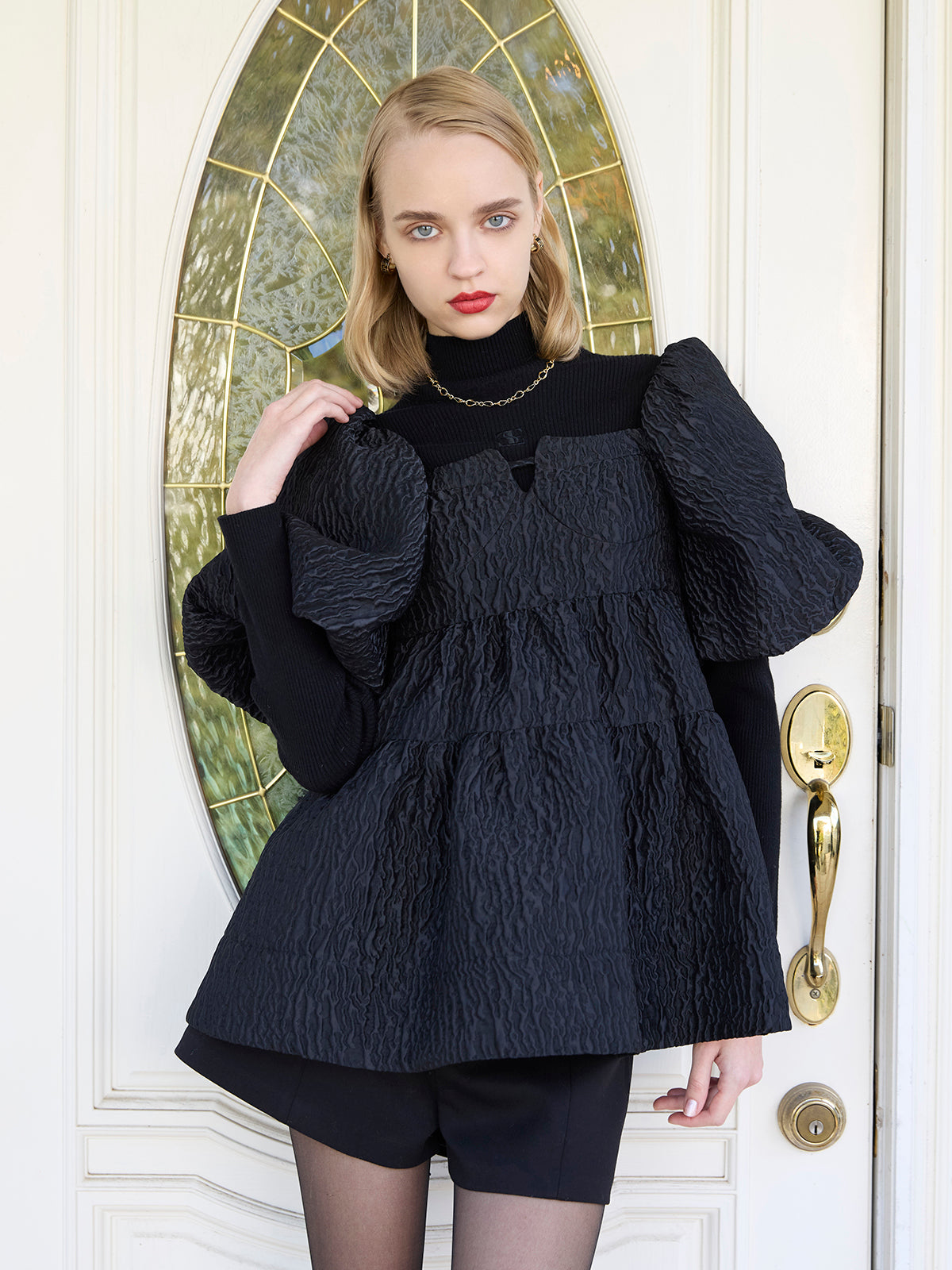 2wayバックリボンジャガードペプラムトップス