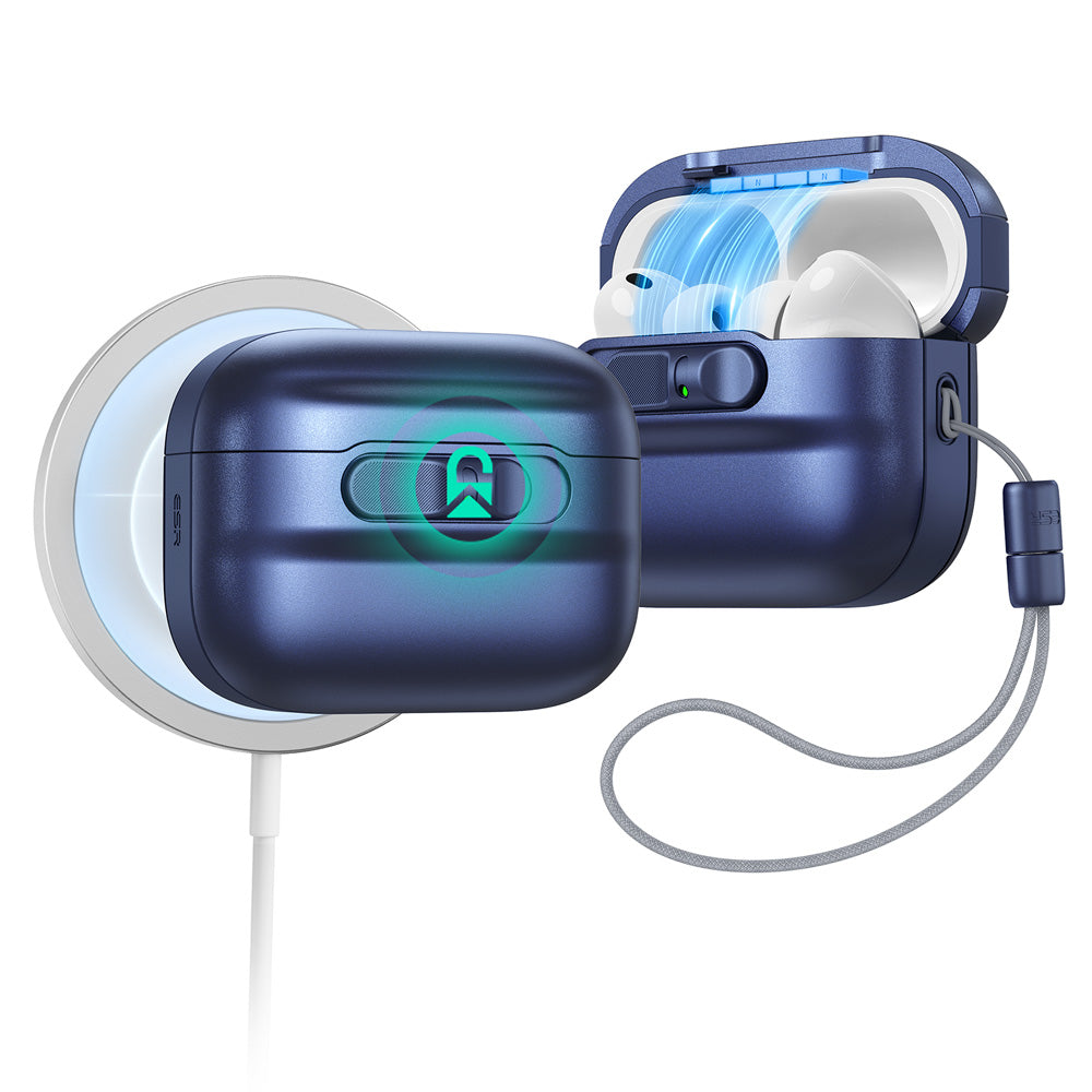ネイビーブルー AirPods Pro 3 MagSafe充電対応ケース、ストラップ付き