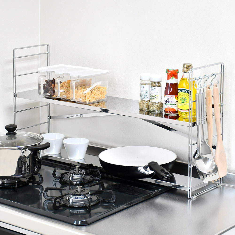 日本製 燕三条 排気口カバー付き コンロ奥多機能ラック 幅80cm 2段