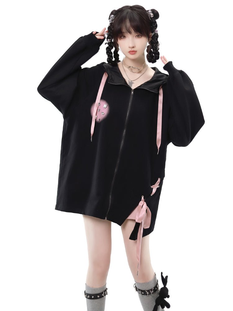 Y2K ピンクサテンリボン レースアップジップアップロング丈パーカー 黒