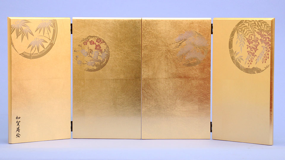 屏風・衝立 高さ30cm 雛人形用 10号 金屏風 二曲一双 金箔花丸 – 寿鳳