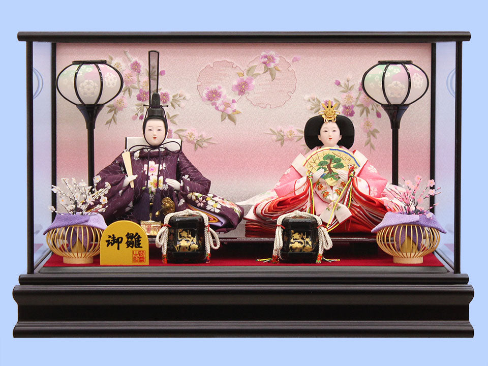 雛人形 ケース飾り 二人 幅52cm｜ガラスケース固定型 刺繍雪輪桜 小三