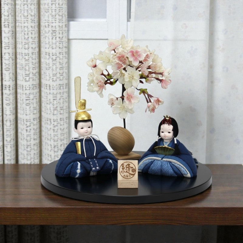 雛人形セット 藍染 | 藍染づくし 金箔仕様 | 丸型黒塗り台 | 工房
