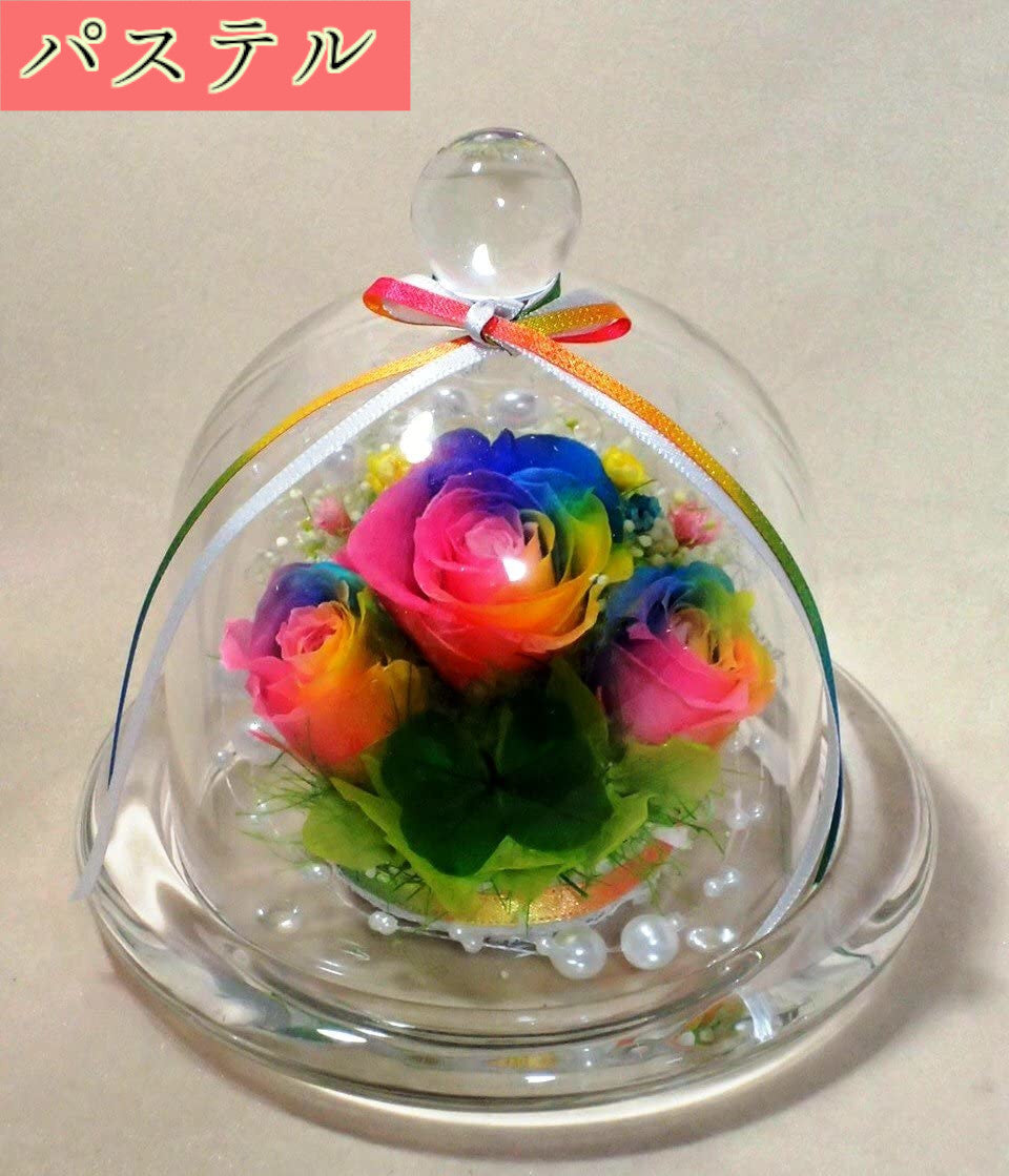 クローバー＆虹色の薔薇 レインボーローズ3輪 プリザーブドフラワー