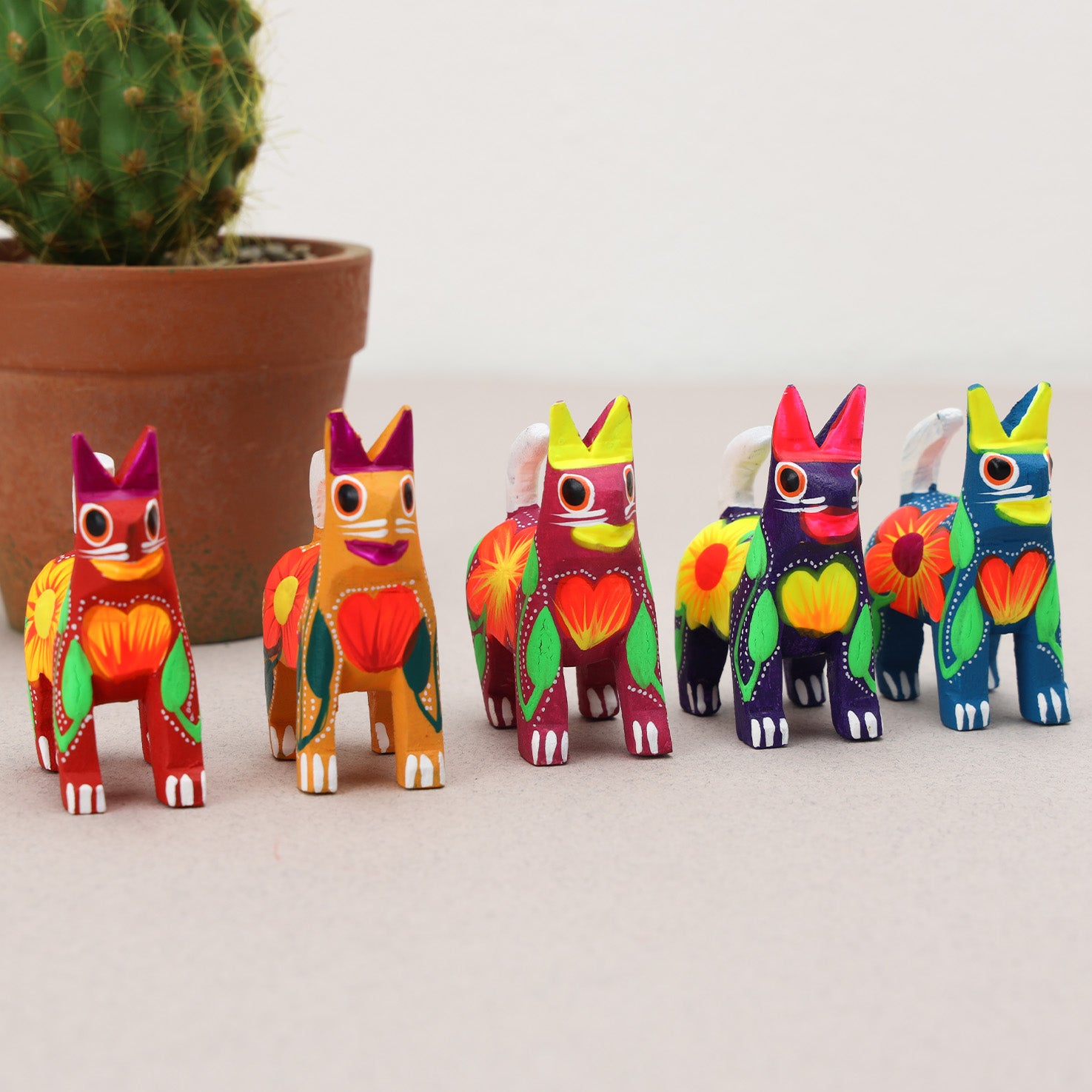 Hand Painted Standing Cat Wooden Figurine | Lolo Mexican Mercadito