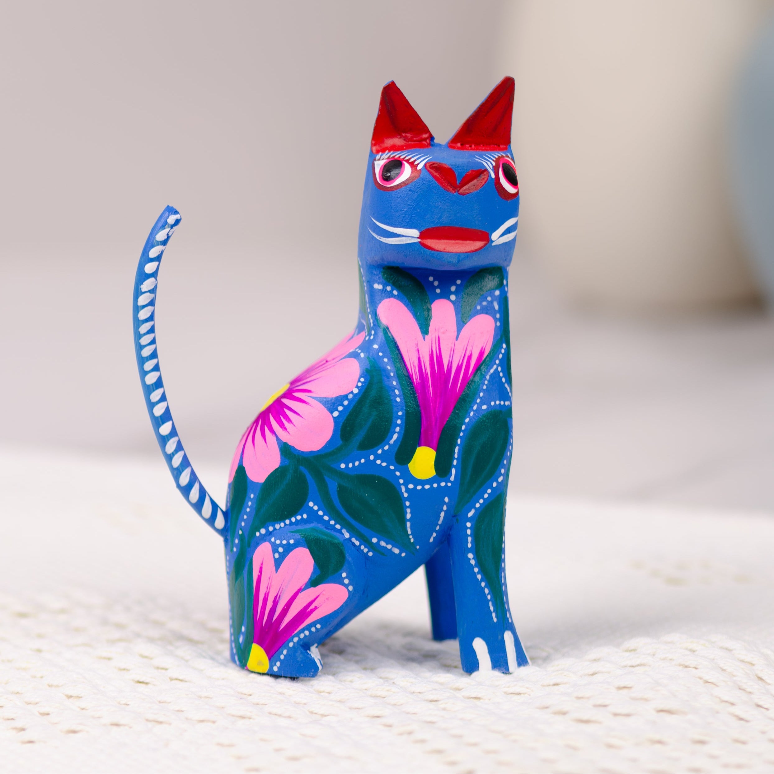 Hand Painted Sitting Cat Wooden Figurine | Lolo Mexican Mercadito