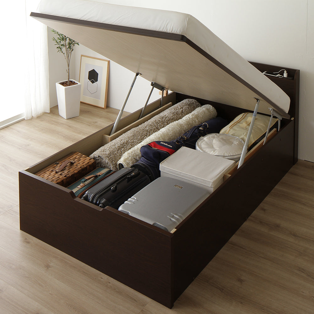 お客様組み立て】日本製 棚付き頑丈ガス圧跳ね上げベッド（縦開き