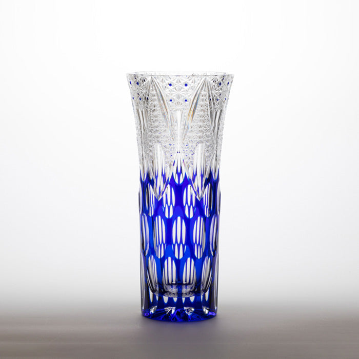 M-9840-B 菊篭目に立篇文様 クリスタル天開花瓶 ルリ – 硝子工房 彩鳳