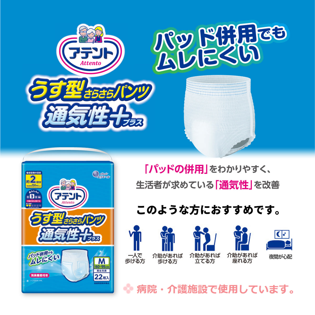アテント うす型さらさらパンツ通気性プラス Mサイズ22枚 男女共用