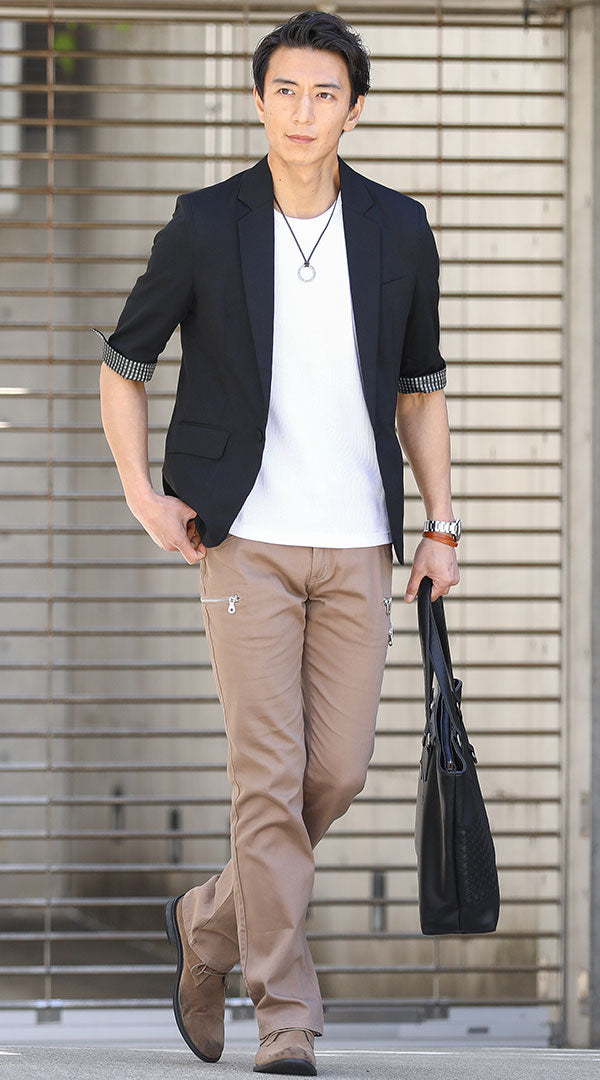 黒ジャケット 白Tシャツ ベージュパンツ snp_fs0375のコーディネート例