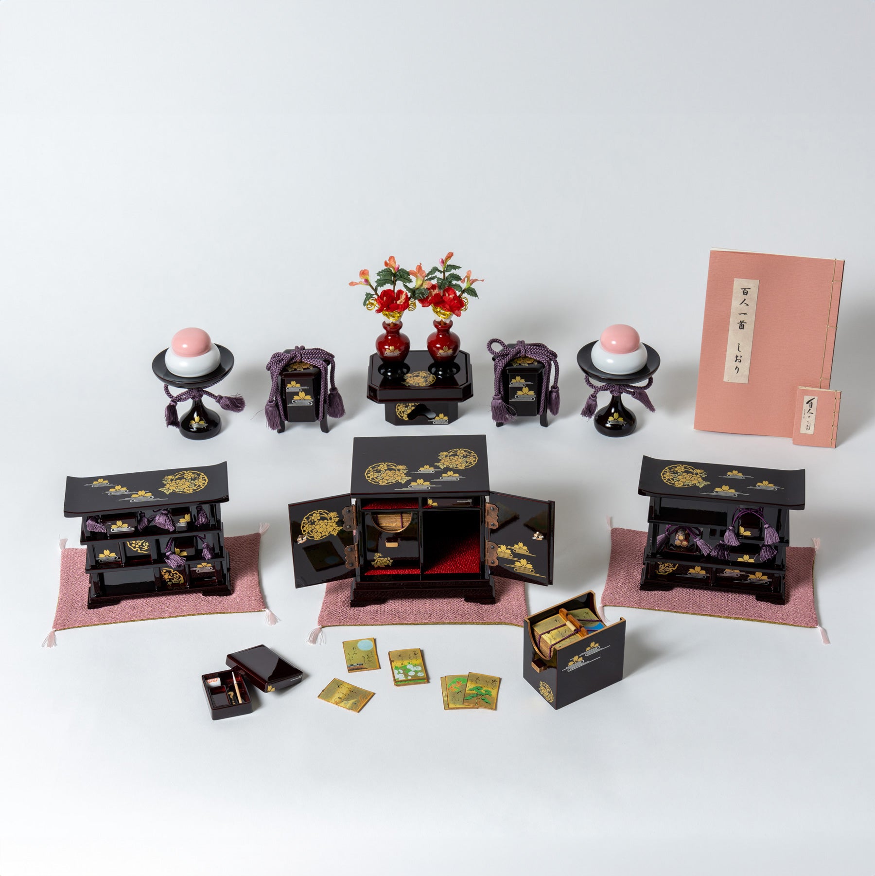 高級溜塗 雪牡丹桜6点セット 百人一首かるた 30号 雛人形 お雛様