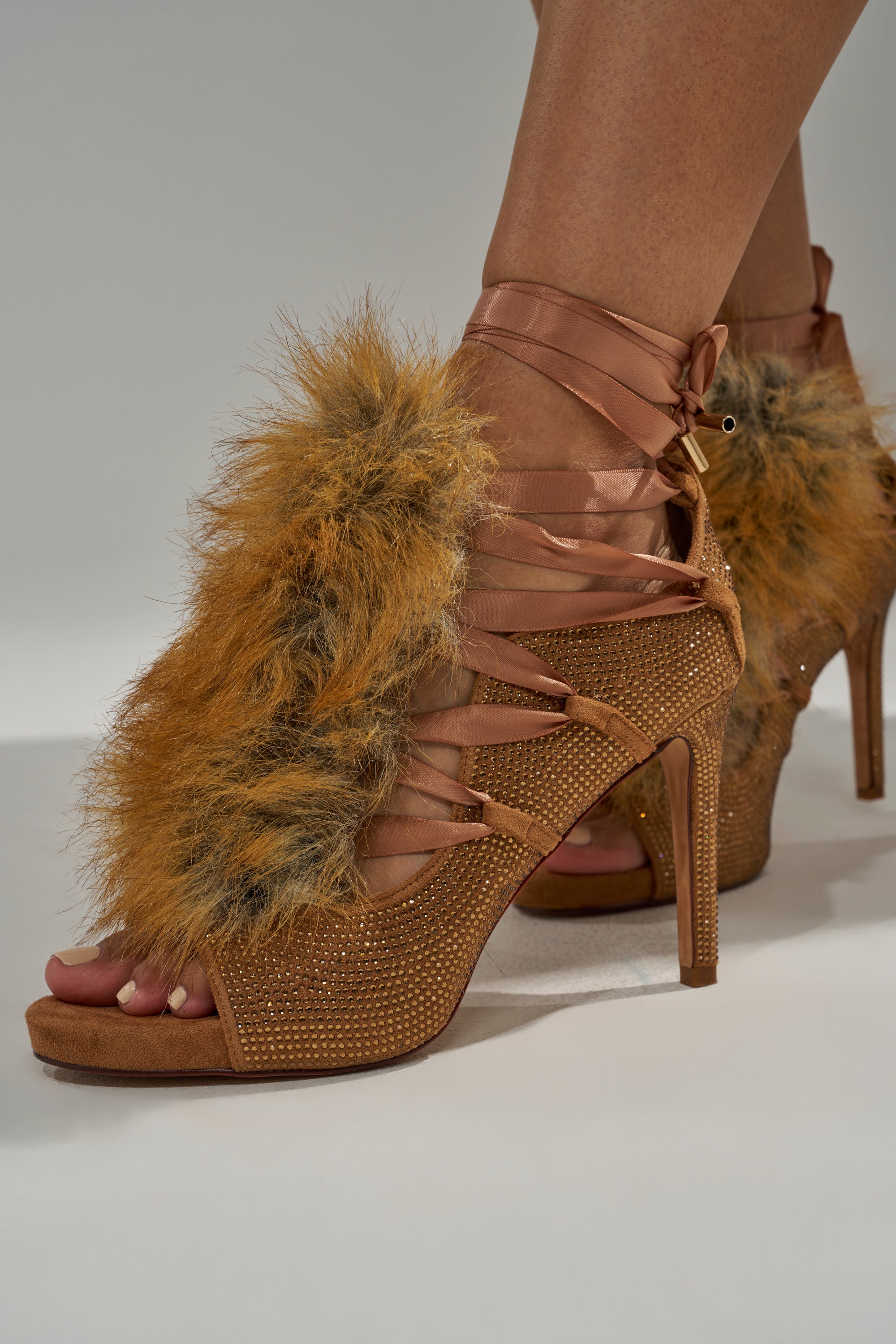 AZALEA WANG MADHAV BRONZE RHINESTONE AND FOX FUR SANDAL – AKIRA