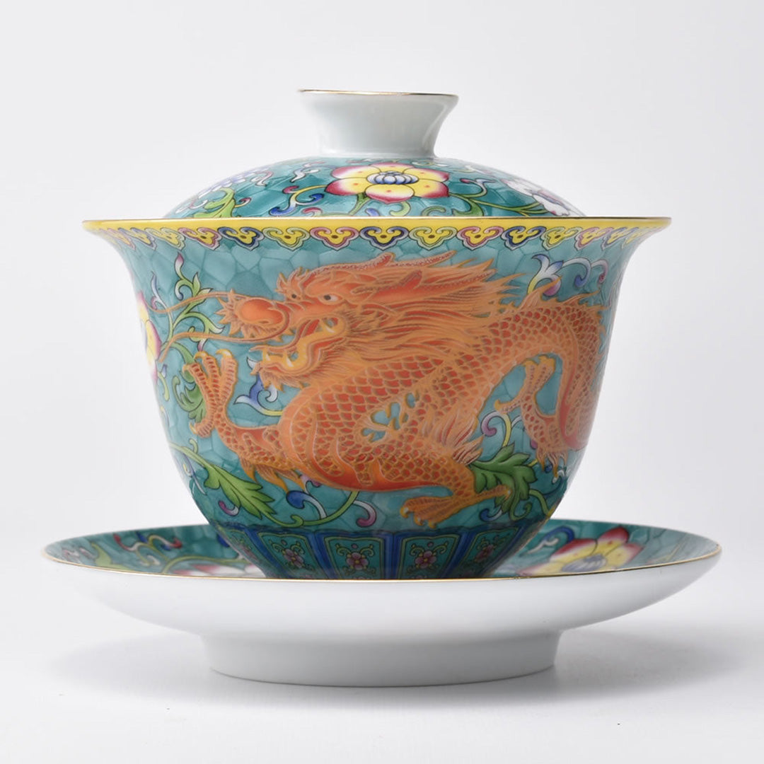 蓋碗｜琺瑯描金・緑龍｜中国茶器専門店・天香茶行
