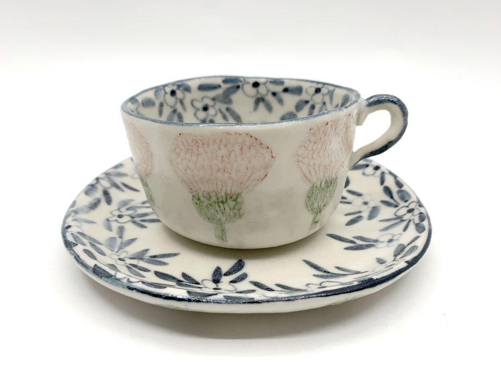 つちやまり 土屋真理 カップ＆ソーサー 染付 印判 植物 花 アザミ 現代