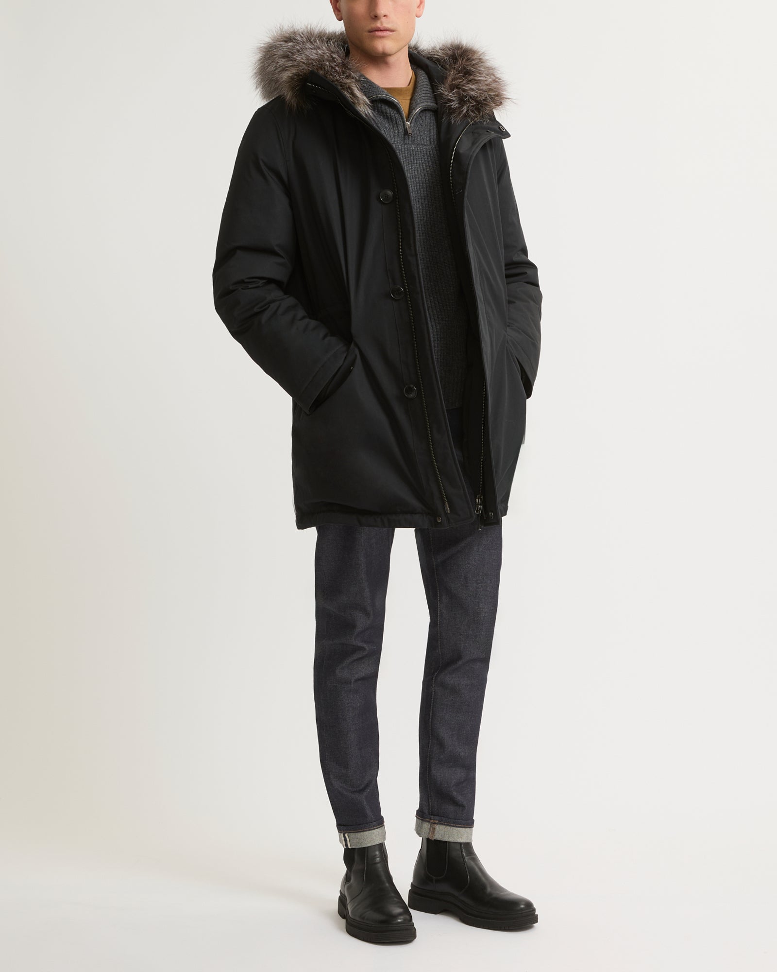 Iconic parka with fox fur trim - black - Winter sale Men – Yves