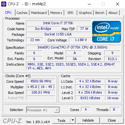 Intel Core i7 3770K @ 4500.56 MHz - CPU-Z VALIDATOR