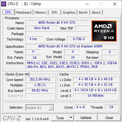 AMD Ryzen AI 9 HX 370 @ 3513.99 MHz - CPU-Z VALIDATOR