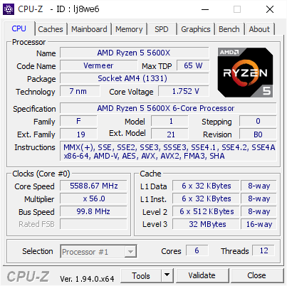 AMD Ryzen 5 5600X @ 5588.67 MHz - CPU-Z VALIDATOR