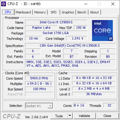 Intel Core i9 13900KS @ 5400 MHz - CPU-Z VALIDATOR