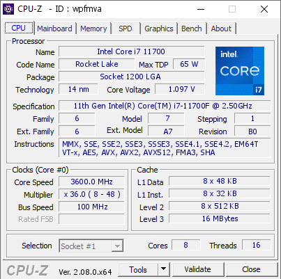 Intel Core i7 11700 @ 3600 MHz - CPU-Z VALIDATOR