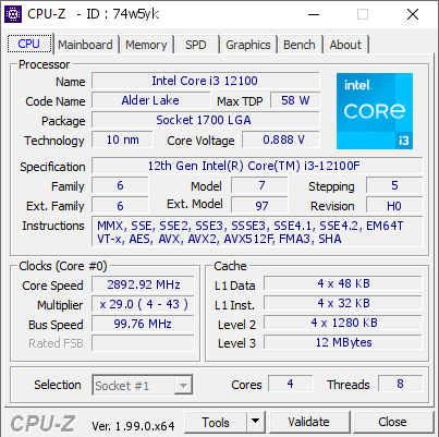 Intel Core i3 12100 @ 2892.92 MHz - CPU-Z VALIDATOR