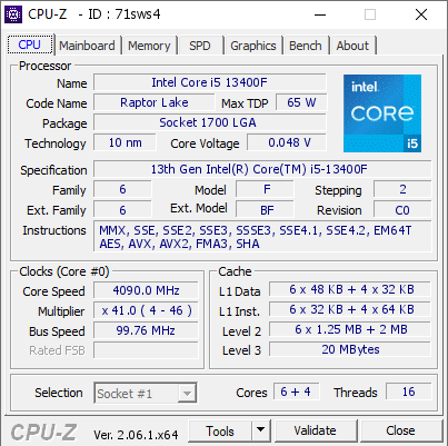 Intel Core i5 13400F @ 4090 MHz - CPU-Z VALIDATOR