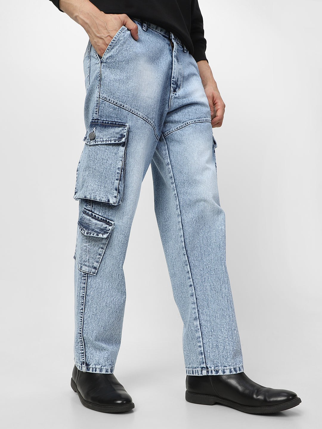 Men's Ice Blue Loose Baggy Fit Washed Cargo Jeans with 7 Pockets