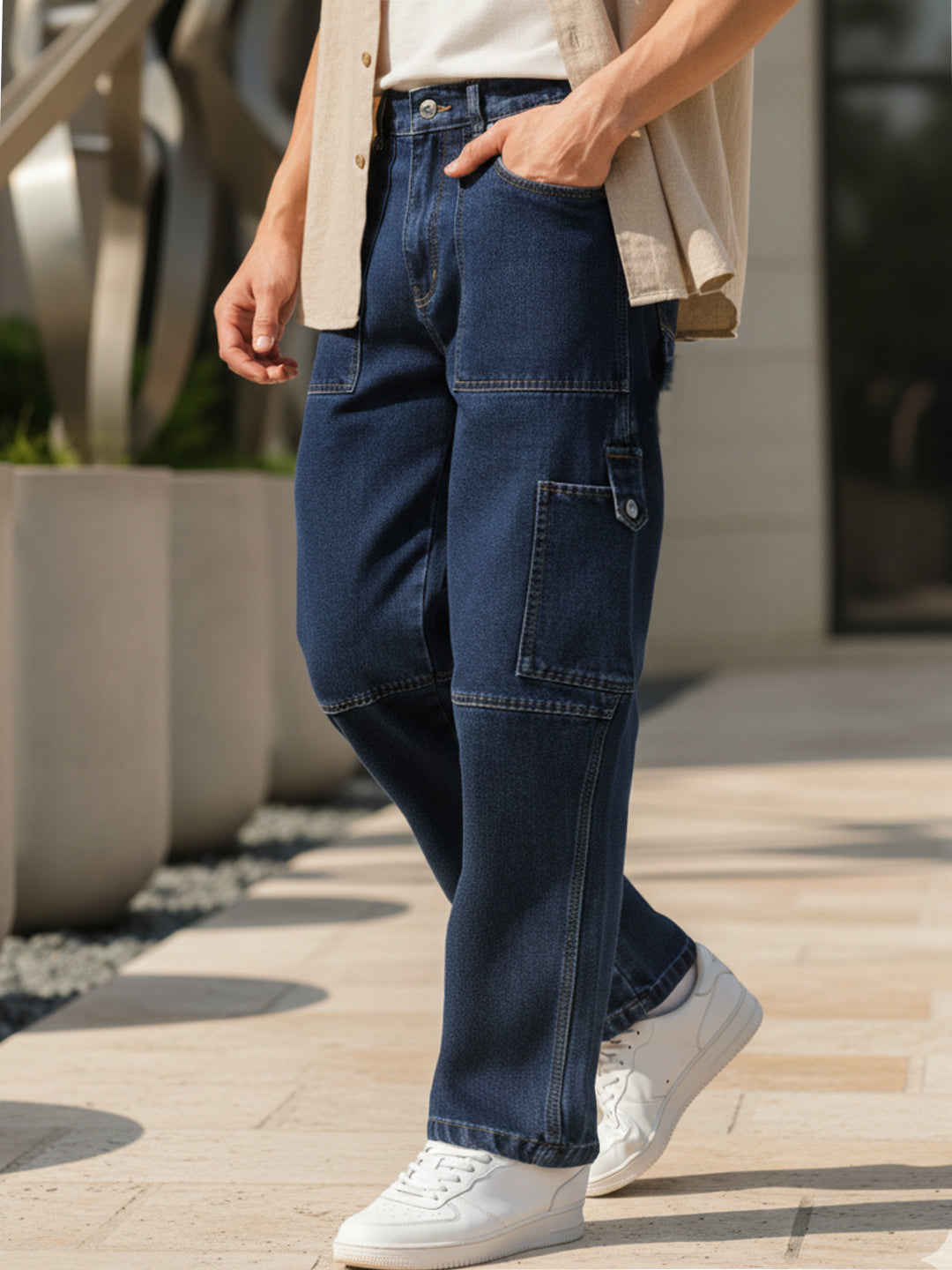 Men's Blue Loose Baggy Fit Washed Cargo Jeans with 6 Pockets Non