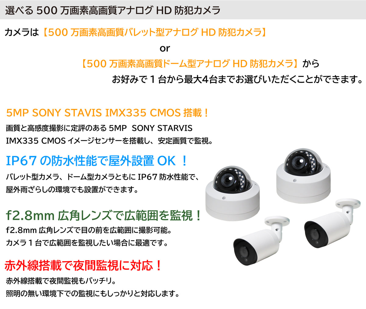 YKS-4CHS5MPDVK1】マルチフォーマット対応500万画素アナログHD防犯