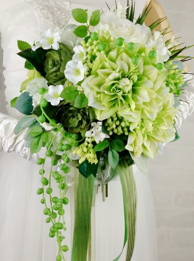 bfc4016 大輪ダリア＆薔薇＆多肉植物・グリーンのナチュラルクラッチ