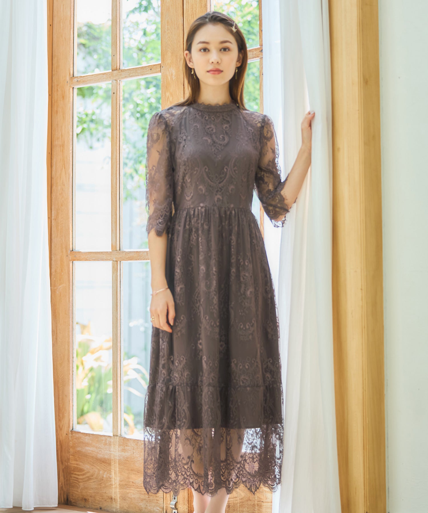 レーススタンドカラーワンピースドレスパーティードレス ブラウン