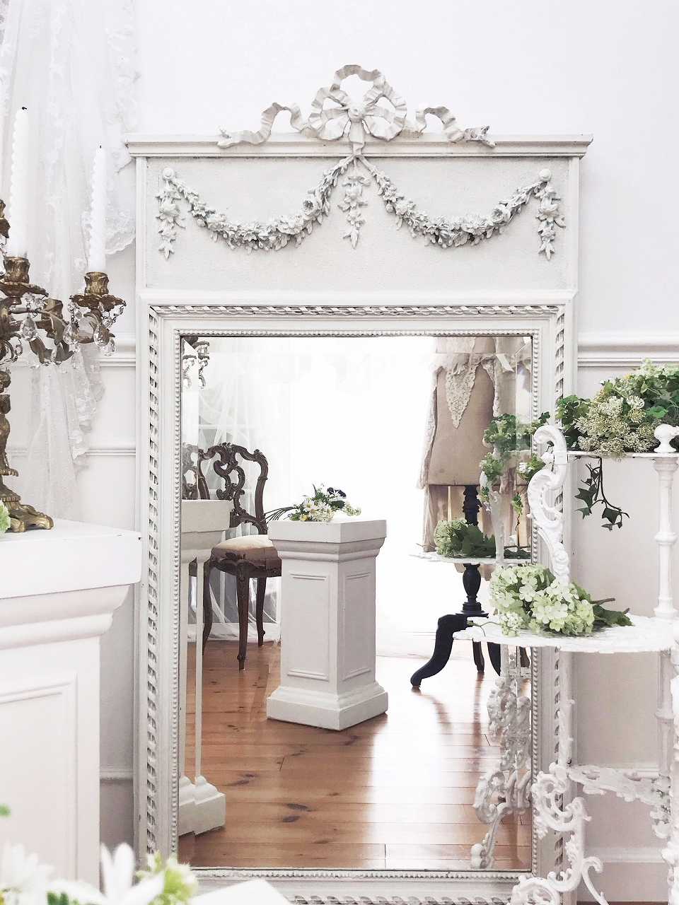 フランスアンティーク リボン&ローズガーランドの壁掛けミラー 【公式