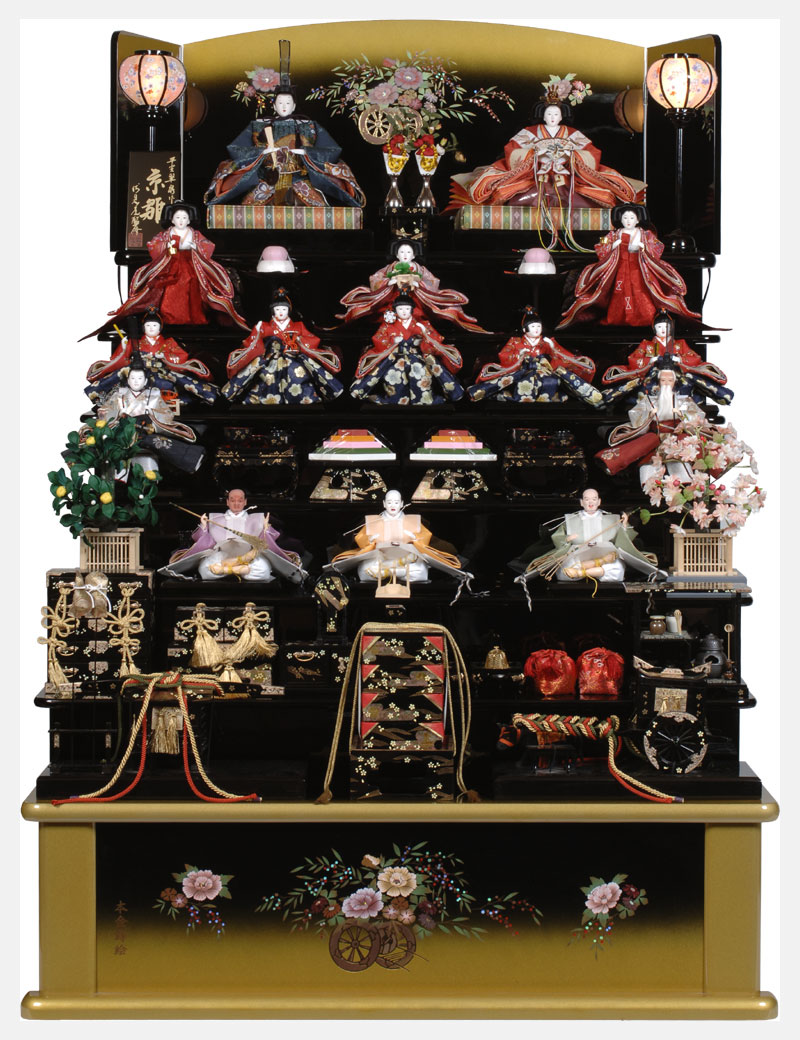 雛人形「七段飾」：嵯峨雛金ボカシ漆七段飾：京八番親王六寸十三人揃