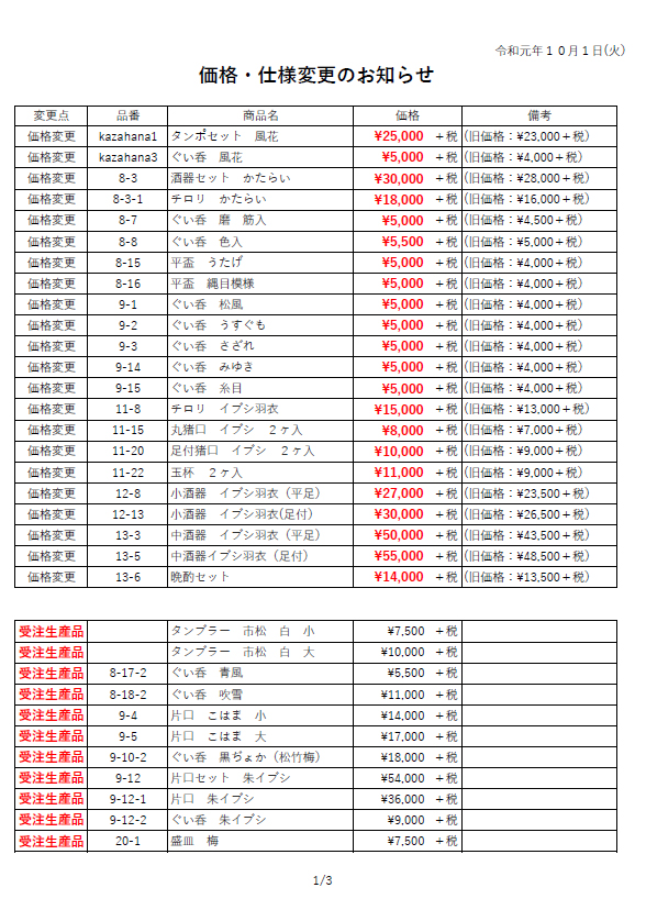 価格変更・仕様変更のお知らせ ｜ 大阪錫器
