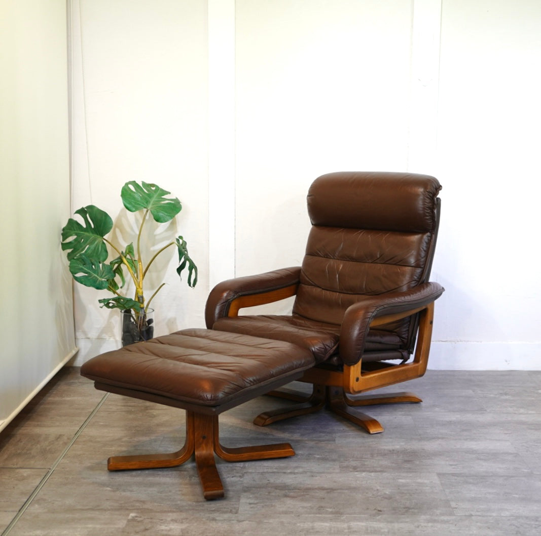 冨士ファニチア パーソナルチェア オットマン付 本革 ヴィンテージ