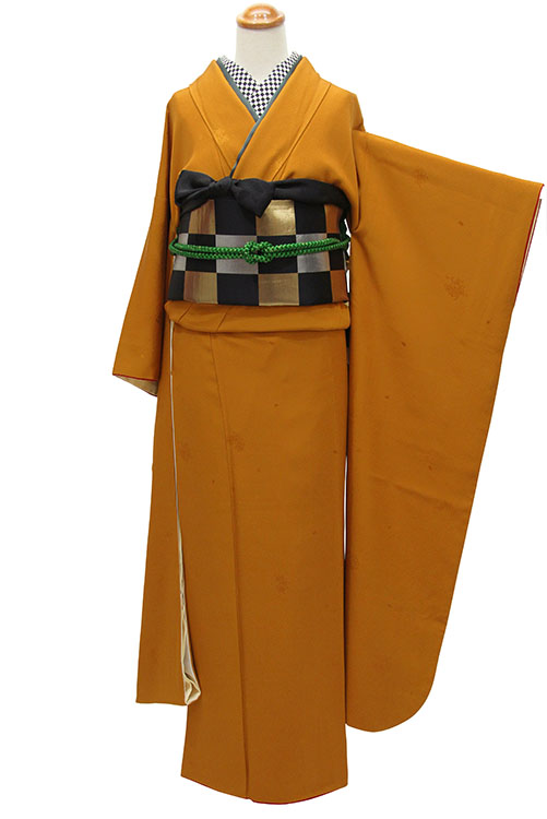 七五三7歳振袖和モダン山吹色/黄色日本製 高級縮緬地