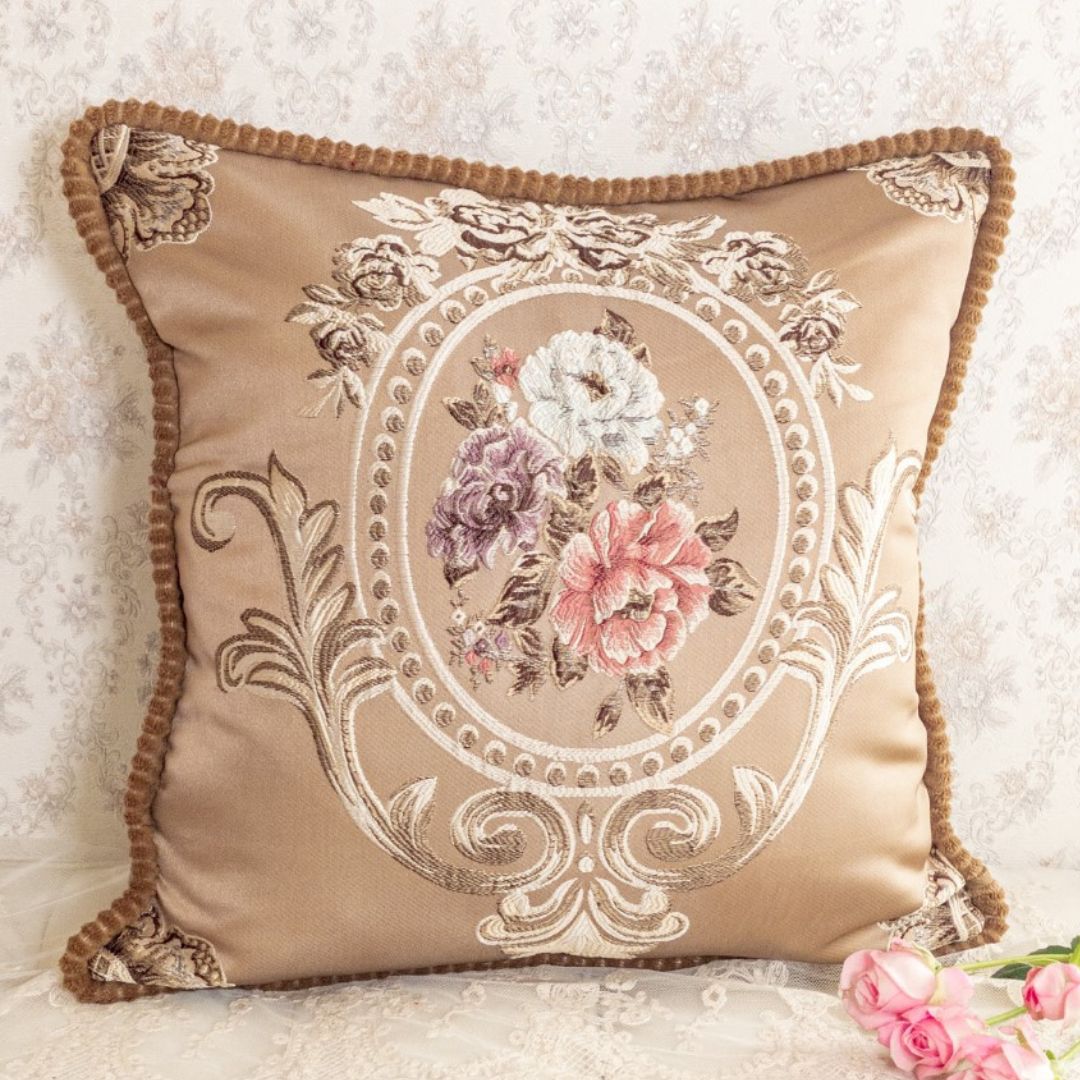 クッションカバー 45×45用 おしゃれ 高級感 キャメル 花柄 バラ 薔薇