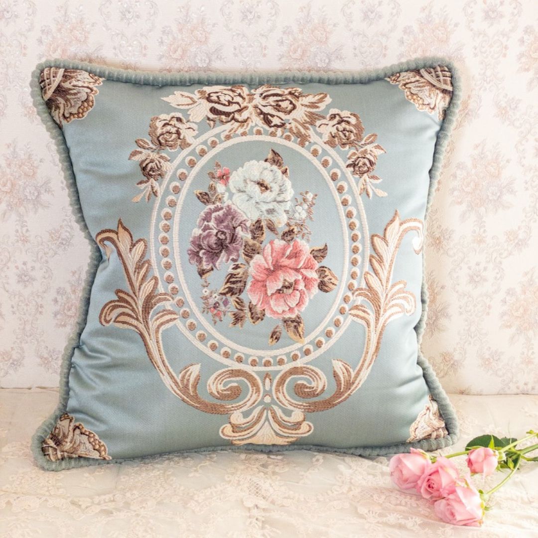クッションカバー 45×45用 おしゃれ 高級感 青 ブルー 花柄 バラ 薔薇