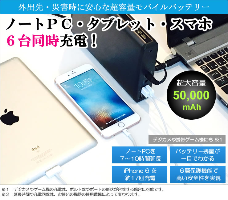 W50 モバイルバッテリー 50000mAh PC対応 6ポート – WorldPlus