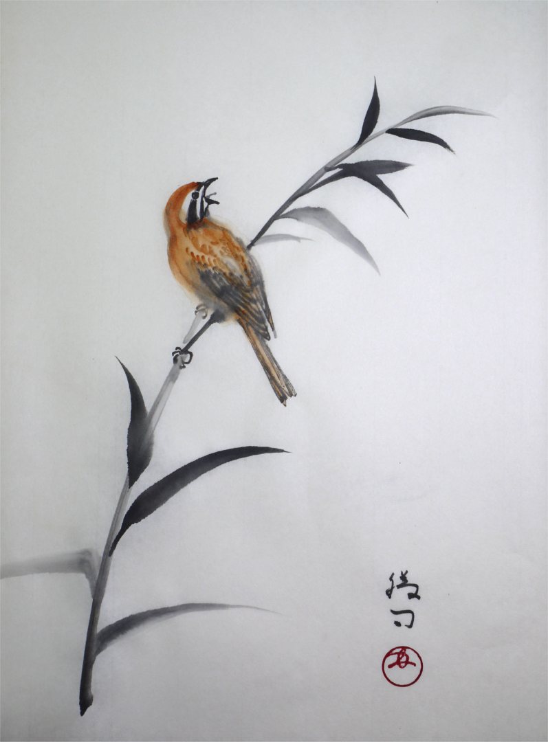 彩墨画（水墨画）「ホオジロ」 福田勝司筆 | 水墨画・達風 色彩のある