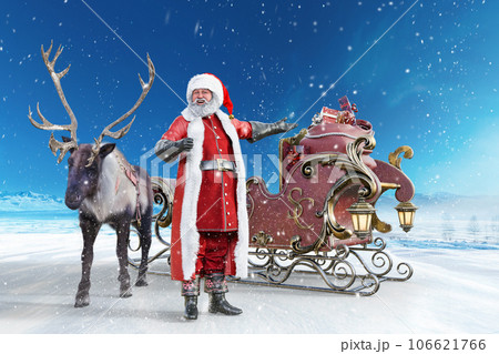 サンタとトナカイとプレゼントを積んだソリのイラスト素材 [106621766