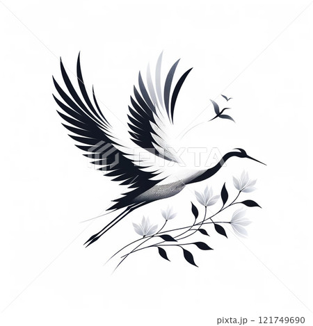 鶴が舞うモノクロデザインのシンプルな美のイラスト素材 [121749690