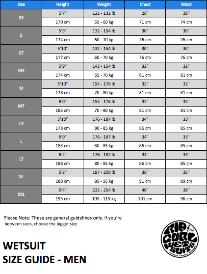 Rip Curl Wetsuit Size Chart - The Wave Shack