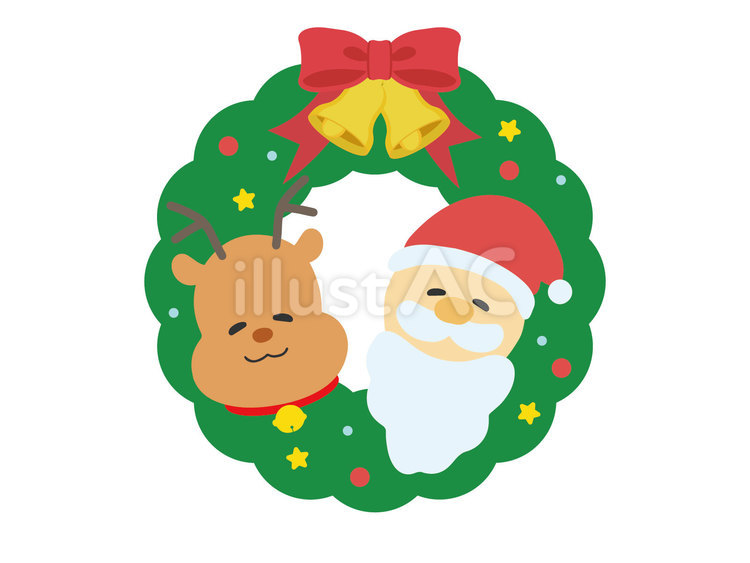 クリスマスリースと可愛いサンタとトナカイイラスト - No: 25670572