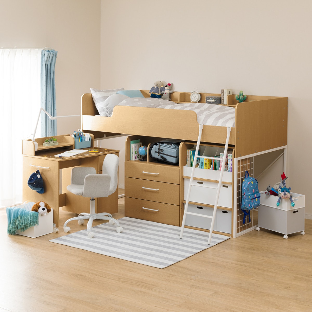 幅201cm] システムベッド(デニッシュH LBR/WH） 机 ロフトベッド省
